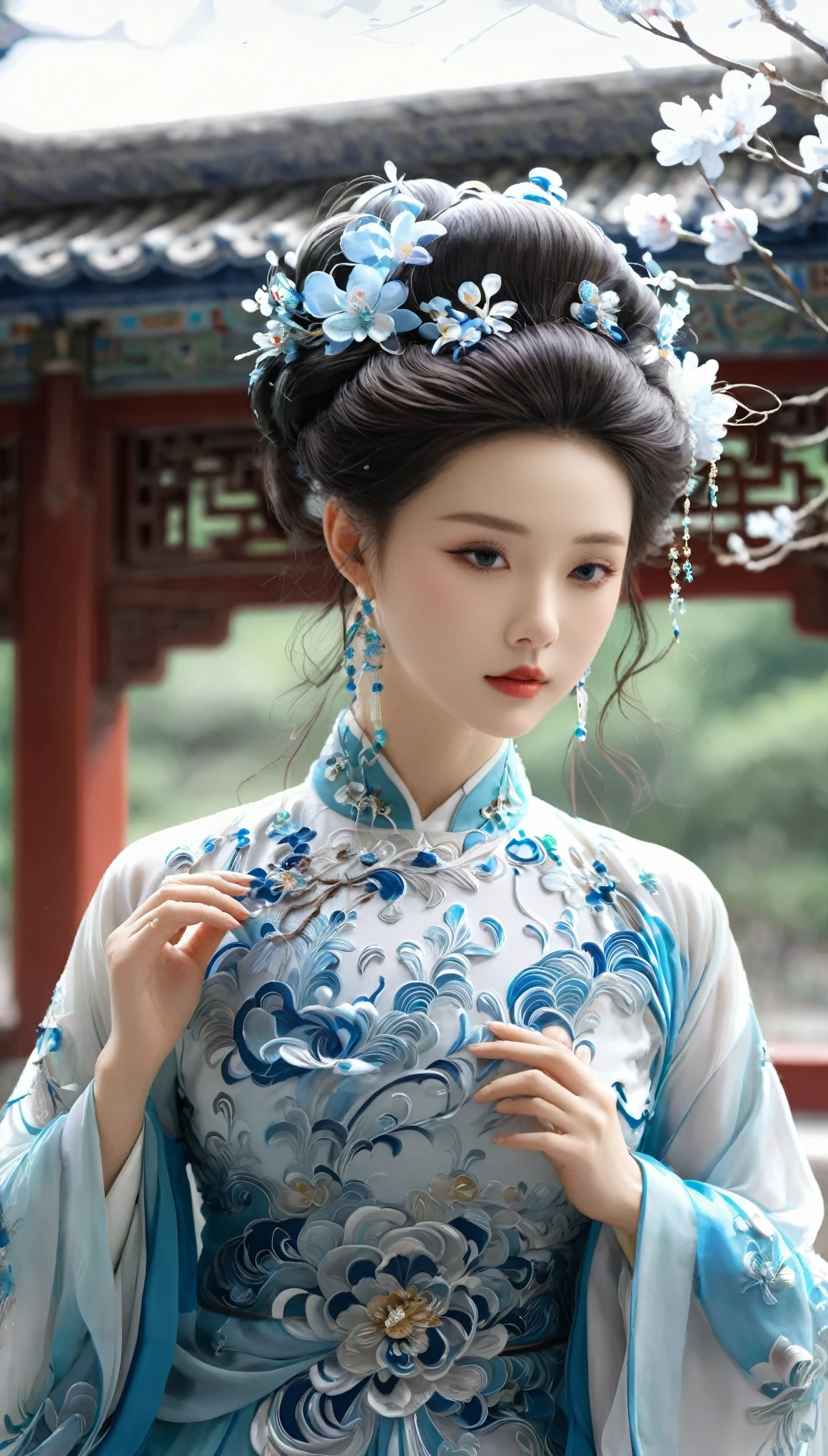 a beautiful girl ,Put on gorgeous Hanfu, Chinese Architecture, landscape