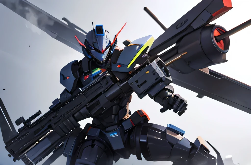 With his own robot and a large caliber bazooka on his back、Equipped with shields on both elbows。He has a submachine gun in each hand.。Equipped with micro missiles at its feet。The robot's head looks like a gym。The color is black。The emblem is an eagle。