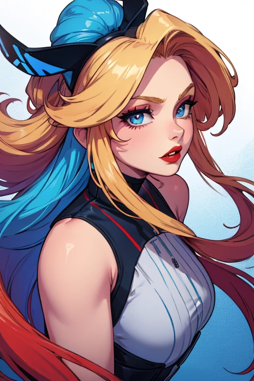Girl with long blonde hair with blue at the bottom with a red gradient moving up to half way the hair, red lips