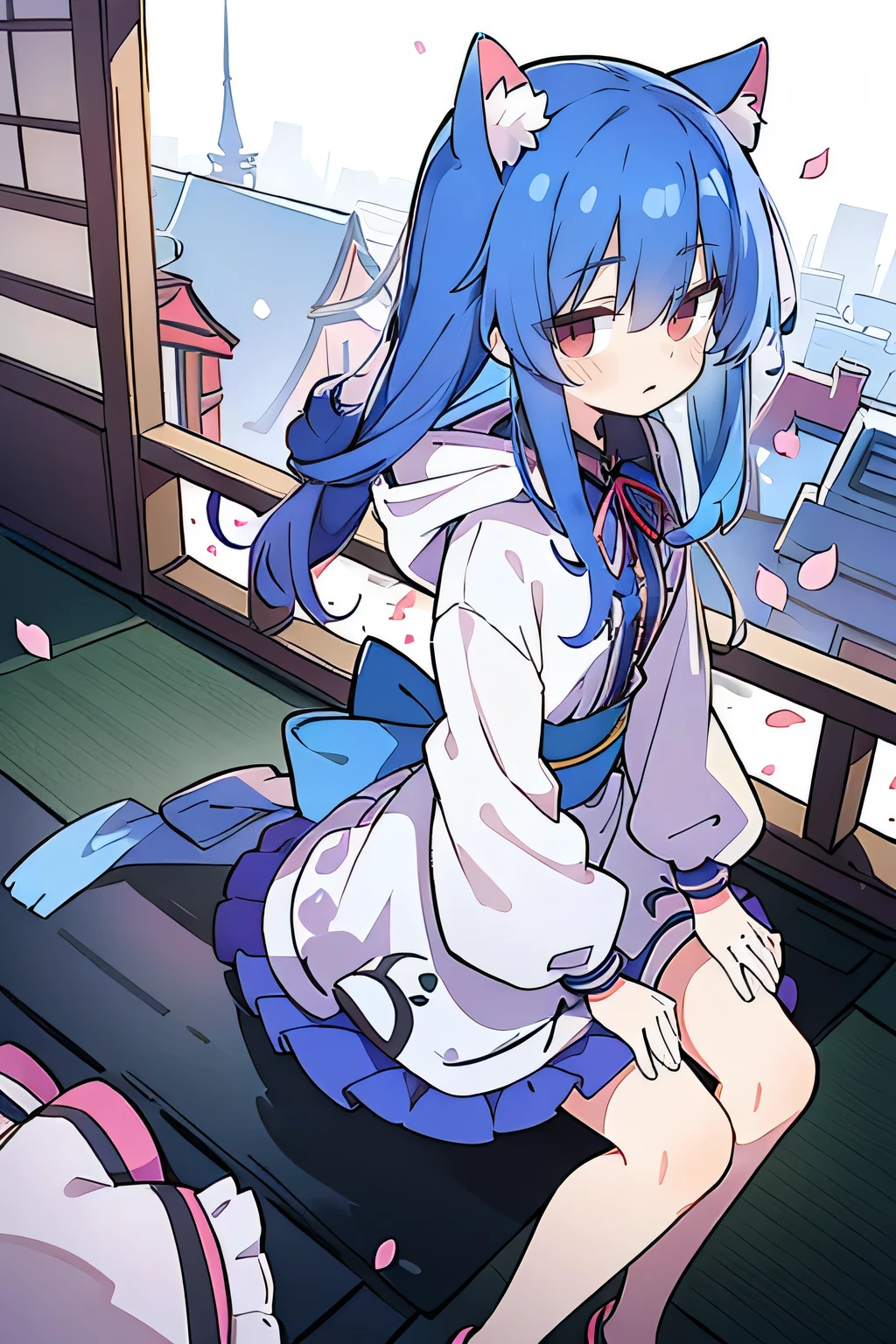 （masterpiece：1.2），Super detailed，lifelike，Expressive eyes，fair skin，perfect face shape，1 girl，
Japanese comics,Gorgeous blue hair,flowing blue hair,flowing clothes,Cat ears,Petals fall,beautiful lola,Baby Angel,
Cross your legs，Gentle and peaceful background，The pavilion is cool and comfortable,smile, wearing hoodie, background of tokyo,back views,snowing, winter.