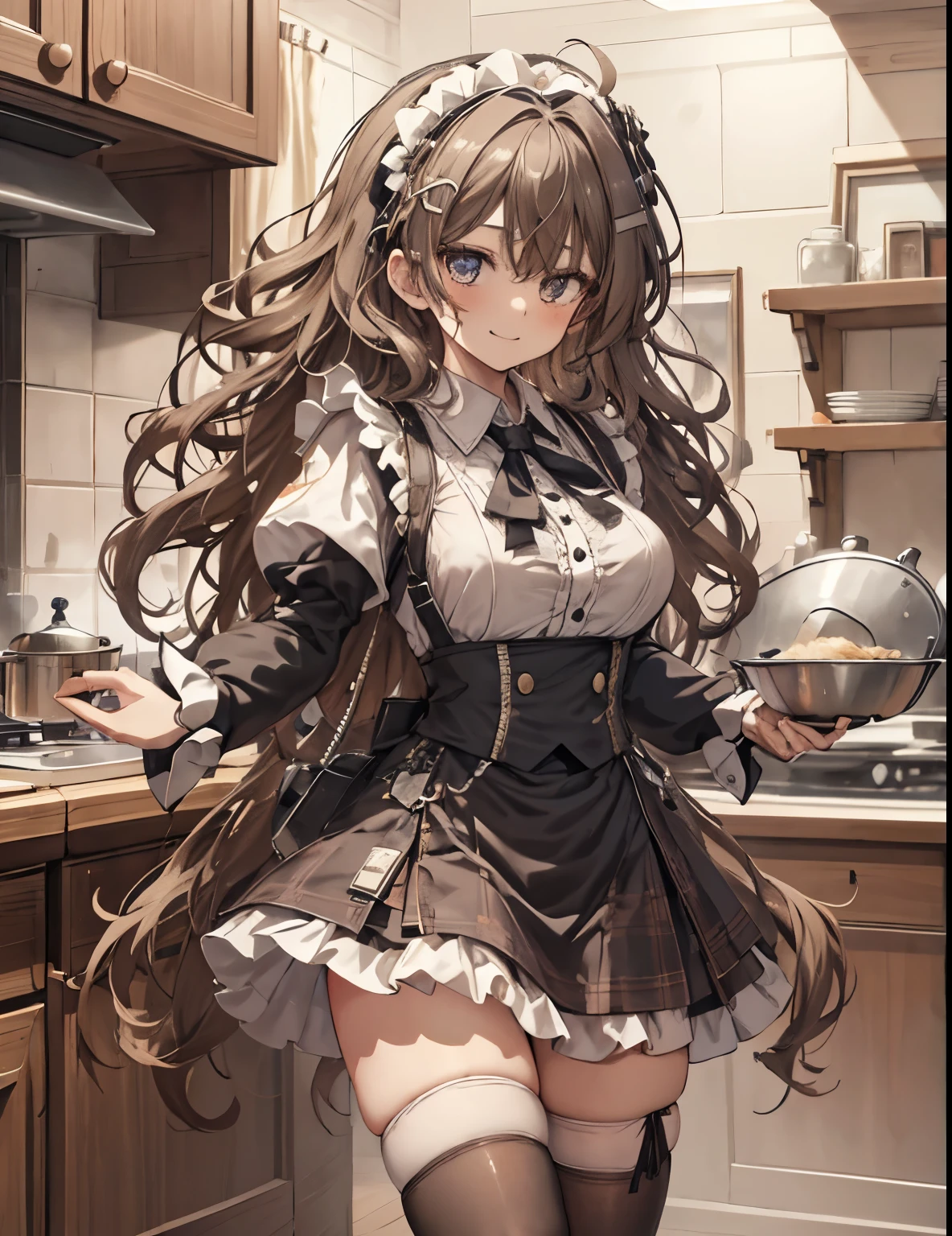 masterpiece, 1girl, sparrow, a dark haired girl, wearing a maid clothes, curly long hair, messy hair, slim body, he close her left eye, shirt ornament, ruby eyes, ahoge, , bige breast, beautiful breasts, rounded breasts, long sleeves, beautiful eyes, white stocking, droopy eyes, skirt, black skirt, plaid skirt, her age is 19 years old, flared skirt, tight shirt, skirt, nagisa_bluearchive, lovely face, medium hair, angry smile, curly hair, maid headband cap, kitchen