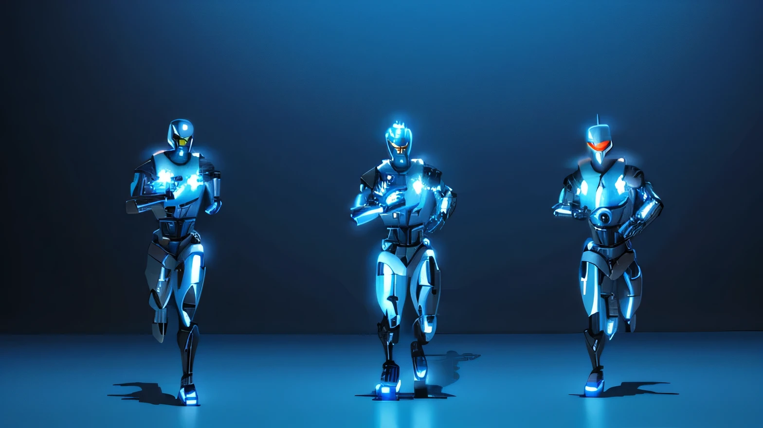three robots are running and one is wearing a helmet, running robots in a marathon, cyborgs working, cgi animation, running sequence, mocap, 3 panel action scenes, lots of 3 d cyborg elements, movie cgi, early cgi, motion capture system, with sleek silver metal armor, cell shaded adult animation, cyborg biomechanics, 3d animation