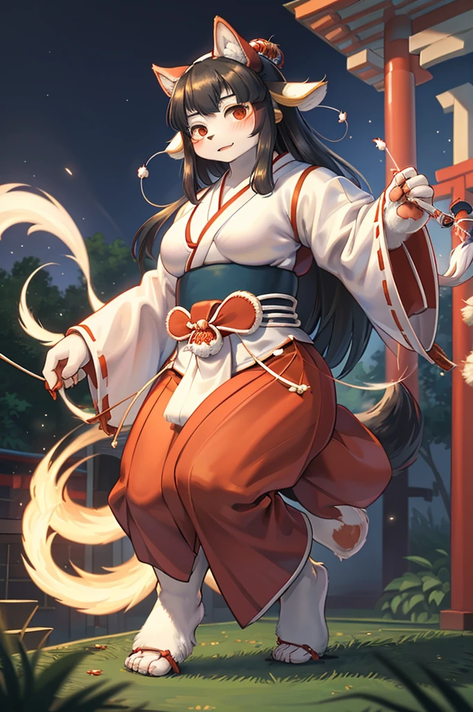 (Monet style:1.2) , (1 hairy inari girl and 1 Tall Muscle ogres couple:1.1) , Short stature , realistic hairy fur , Straight black Long Hair , Round face, swollen cheeks,round eyes , neat hair ties , Japanese Shrine Maiden Clothing , (dynamic Noh dance action:1.5) , in the Inari Shrine , Sacred offerin , (Fly around Will-o'-the-wisp) , midnight