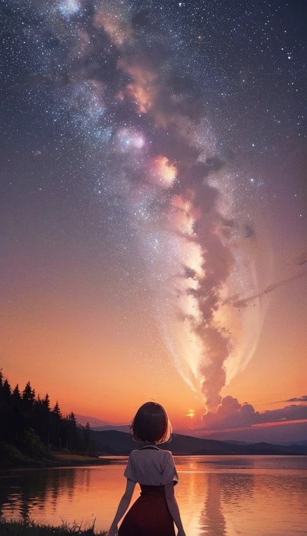 {{{masterpiece}}, {{{highest quality}, {{Super detailed}}, {figure}, {{an extremely delicate and beautiful}}, beautiful milky way, Night Sky, Wide sky, Mysterious, Deep sky, Falling Sky, Traveling woman, Red dress,Back view, girl looking at Night Sky, On the way, 8k, Morning is approaching, The sky is about to be swallowed, the Morning is approaching, The night is over, The beginning is near, Deep Darkness, Cinematic, Mysterious, wonderful, beautiful,