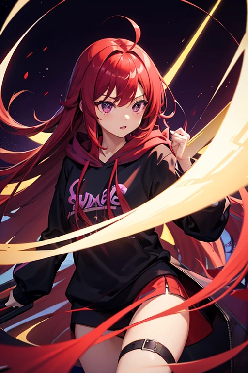 background through, long hair、straight hair、Crimson red hair girl, purple eyes、Super high quality, 8K、Upper body、purple background、Band drummer、black hoodie、purple drum、big tits, Crimson red-haired girl、black hoodie、playing drum, drum stick