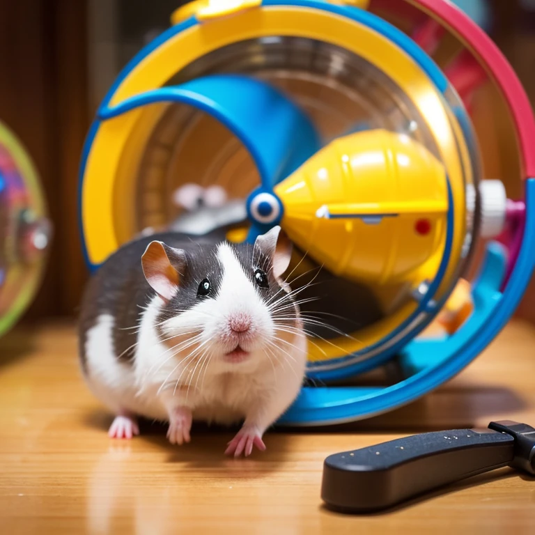 Scene of a dwarf campbell hamster running vigorously in a small hamster wheel。Colorful toys are scattered in the background。