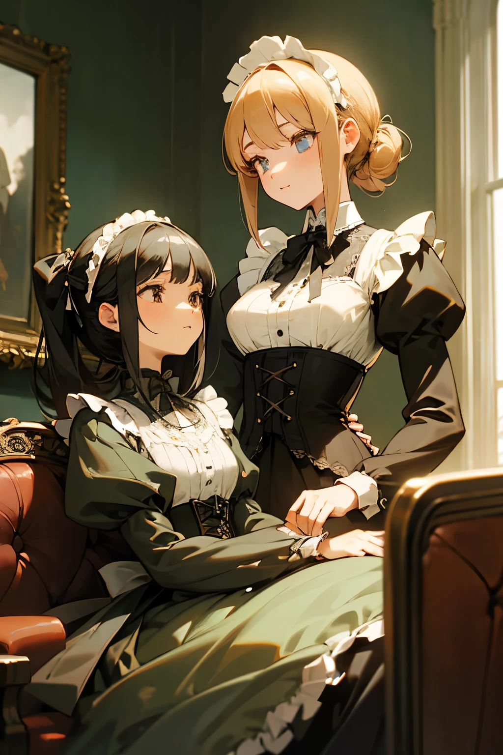 Anime style picture of two girls, one hypnotizing the other, with detailed facial expressions showing the hypnotized girl with glazed over eyes, a relaxed jaw, and a serene, trance-like expression.“Victorian-era parlor scene where one girl, dressed in an elegant Victorian gown with intricate lace and a corset, is hypnotizing another girl wearing a simpler maid’s outfit. The hypnotized girl’s face is relaxed and spellbound, her gaze locked on the swinging classic pocket watch. The room is adorned with vintage furniture, heavy drapes, and a crackling fireplace.”