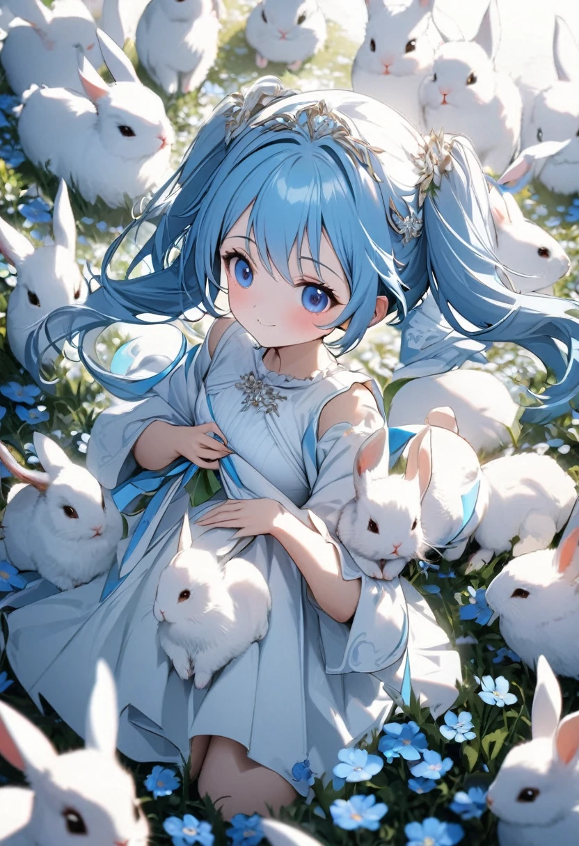High quality, high definition, hig
h precision images,8k 1 Girl Robot Girl、thin Blue hair,Twin tails,blue eyes、A large flower field, a flock of rabbits,A luxurious white dress,holding a rabbit,smile