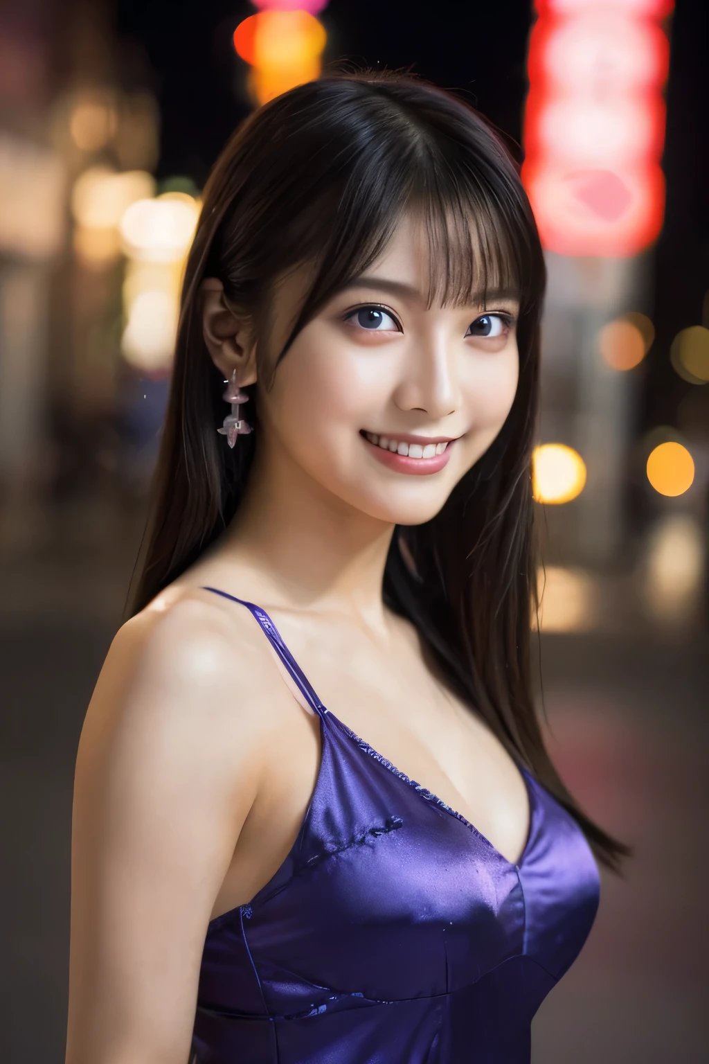 8k, masterpiece, Photo guy, highest quality, Photorealistic, (Close-up shot:1.2), 
Highly detailed CG Unity 8k wallpaper, Depth of written boundary, Cinematic Light, Lens flare, Ray Tracing, 
(Very beautiful face, Nice lips, Beautiful Eyes), Exquisitely detailed face, ((Highly detailed skin)), 
1 Girl, Cute Japanese Girl, Idol, 1 girl, 
(Very lean and muscular body:1.3), ((Look at the viewers)),(Serious smile:1.3), 
(City Night, Black Night, (Neon Signs), (Blurred Background)),(No people in the background:1.3), 
Beautiful earrings, bracelet, Bright Eyes, walk, 
(Pale-skinned), (Big eyes), Look forward, ((Deep red:1.1)), 
(Look at the viewers:1.3), Very slim, Average chest