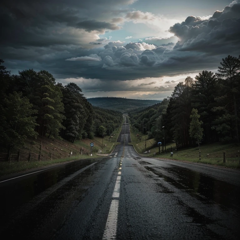 A road of forest with black cloud seen after rain 