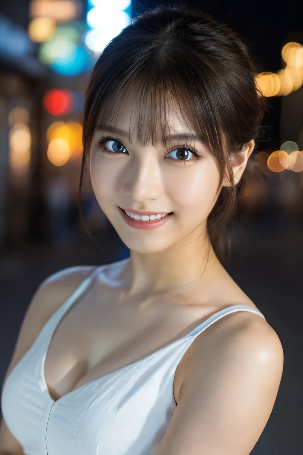 8k, masterpiece, Photo guy, highest quality, Photorealistic, (Close-up shot:1.2), 
Highly detailed CG Unity 8k wallpaper, Depth of written boundary, Cinematic Light, Lens flare, Ray Tracing, 
(Very beautiful face, Nice lips, Beautiful Eyes), Exquisitely detailed face, ((Highly detailed skin)), 
1 Girl, Cute Japanese Girl, Idol, 1 girl, 
(Very lean and muscular body:1.3), ((Look at the viewers)),(Serious smile:1.3), 
(City Night, Black Night, (Neon Signs), (Blurred Background)),(No people in the background:1.3), 
Beautiful earrings, bracelet, Bright Eyes, walk, 
(Pale-skinned), (Big eyes), Look forward, ((Deep red:1.1)), 
(Look at the viewers:1.3), Very slim, Average chest