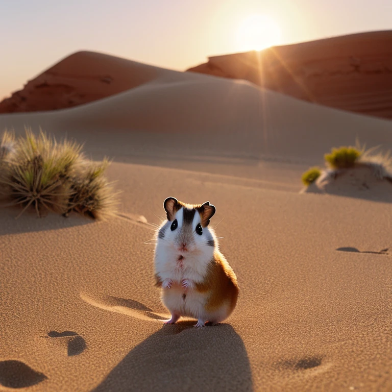 A scene of a Roborovski hamster exploring in a desert-like environment。Moves quickly across the sand、He has a curious look on his face.。