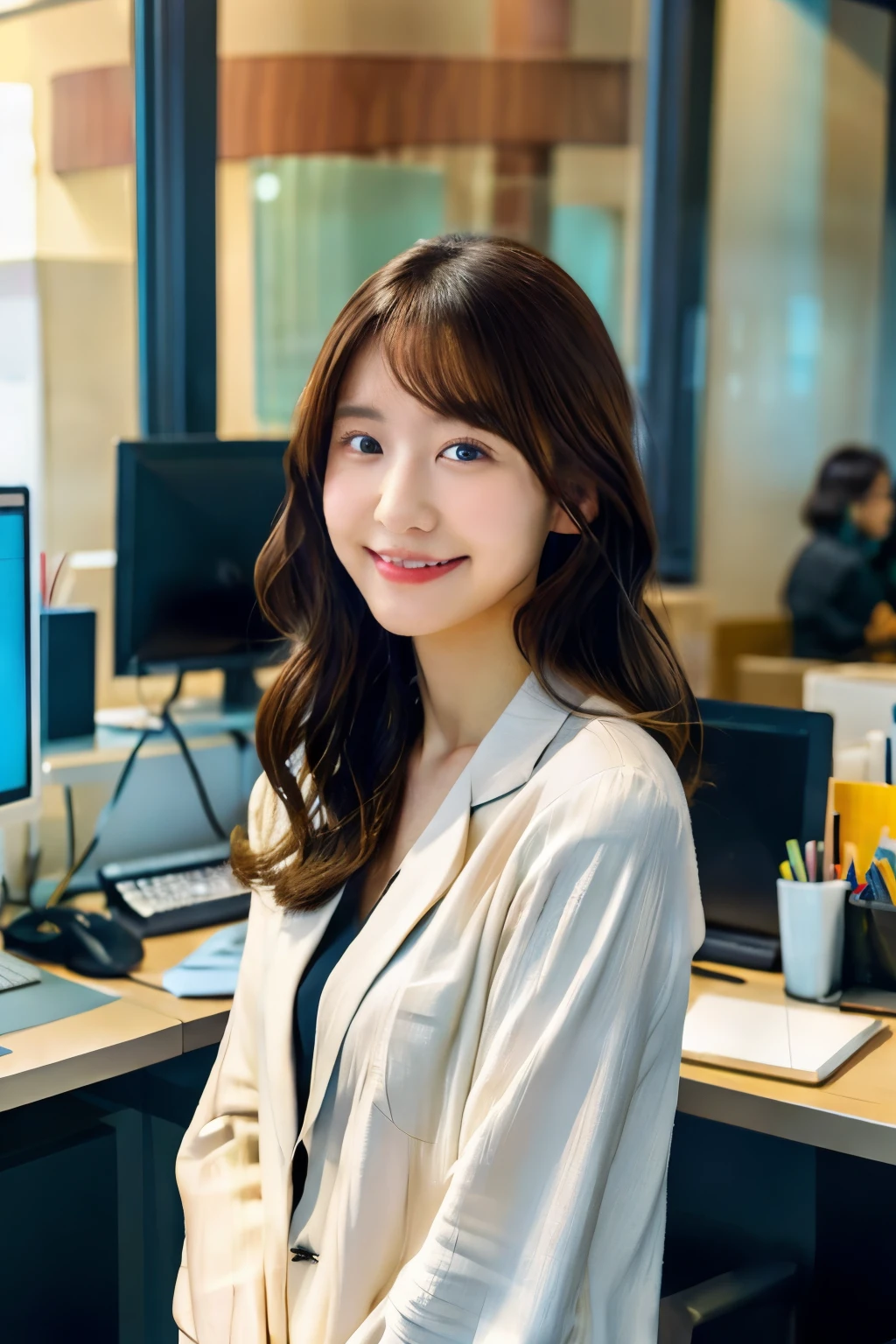 photo realistic, photo realistic, photo realistic, photo realistic, photo realistic, photo realistic, raw photo, 8K photo, master piece, best quality, ultra high res, (photorealistic:1.4), Young Asian woman with long straight black hair, wearing a tan blazer over a light blue blouse. She has a friendly smile and is wearing a black headset. The background is a library or study area with computer workstations visible. The lighting is bright and the overall tone is professional yet approachable.