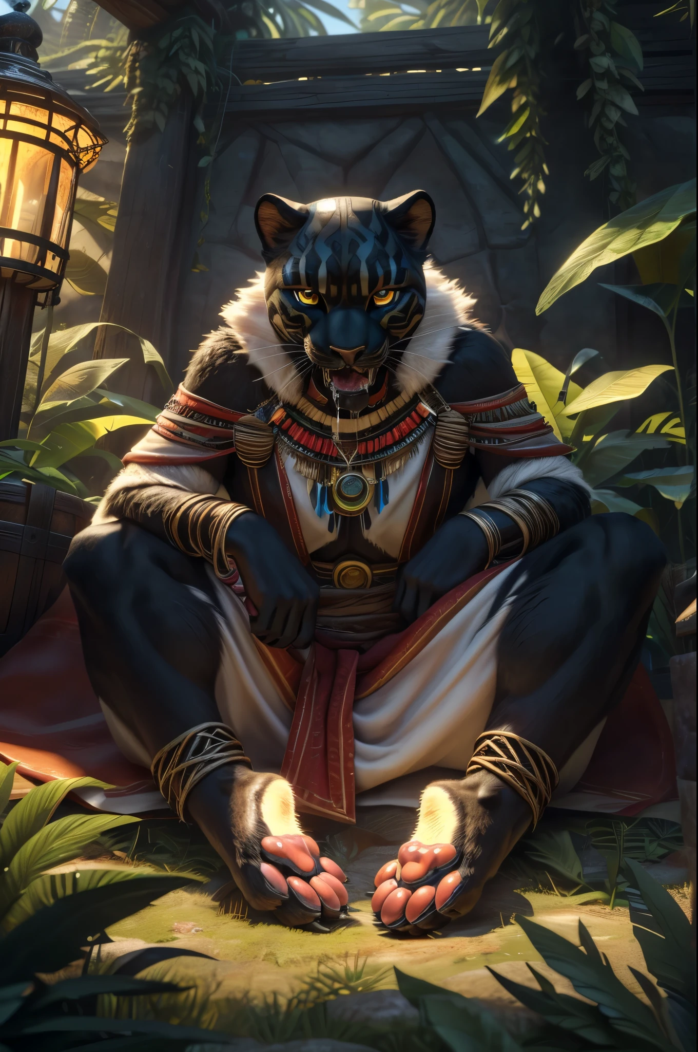 (((sfw))), (((Barefoot furry character, full body, cinematic setting, furry male, plantigrade))) Curare depicted as stealthy and agile ((black panther)) anthro with sleek black fur and piercing amber eyes. Clad in tribal-inspired attire with dart motifs symbolizing curare's traditional use in blow darts. The figure sitting barefoot in a dense rainforest setting, surrounded by vines and exotic plants like Strychnos toxifera, used in curare preparation by indigenous tribes. (((nice feet paws, soles with pawpads, one feet lifted))), BREAK, detailed background, 8K, (masterpiece:1.5), intricate details, highly detailed, extreme detail, octane render, fine art, best quality, highres, (detailed face:1.5), ((full_body)), UHD, (((perfect hands))), low light, (((green glow in eyes, open mouth, drooling, deeply hypnotised)))