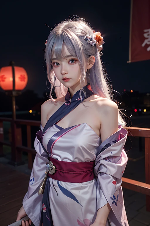 18 years old、woman、whole body、Evil Face, Red eyes, Iris,Silver Hair、City of night、festival、Pink and blue yukata、Shortcuts、Long Hair、whole body、Shoulders stick out