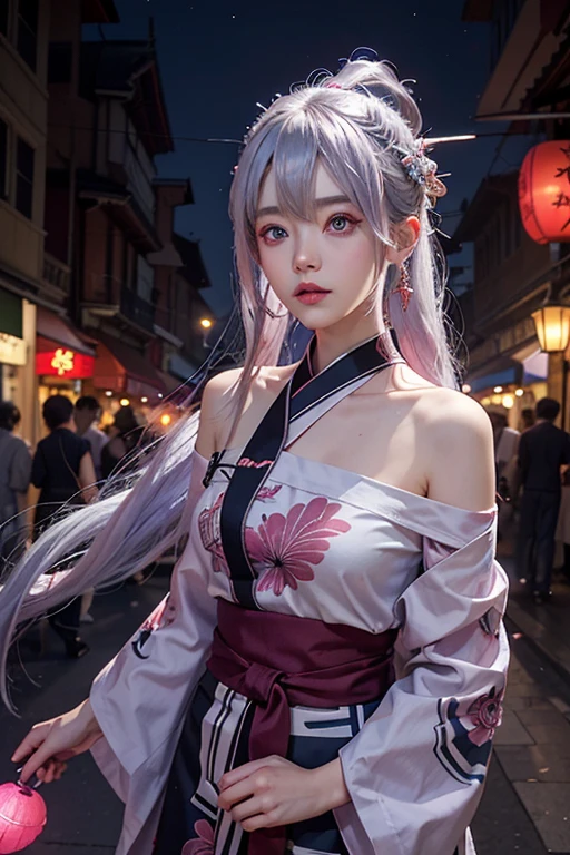 18 years old、woman、whole body、Evil Face, Red eyes, Iris,Silver Hair、City of night、festival、Pink and blue yukata、Shortcuts、Long Hair、whole body、Shoulders stick out