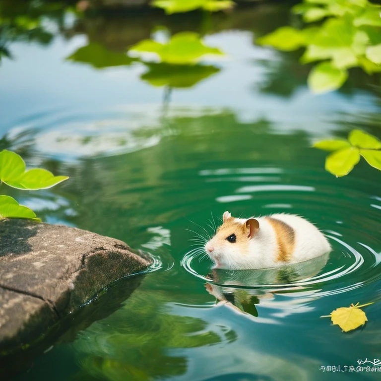 A scene of a Chinese hamster relaxing by a calm body of water。Are you staring at your reflection in the water?、Playing in a leaf boat。
