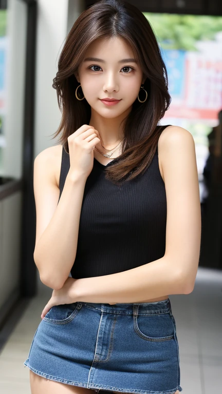 high quality、High resolution、masterpiece、Japanese women、23 years old、Brown long hair:1.4、Beautiful Skin、Brown eyes、Thin lips、Glossy Lips、light makeup、Earrings、Her big chest was wide open、length, Thin legs、Black tank top、necklace、Denim mini skirt、Look straight ahead、Sexy pose、whole photo:1.5、turn around、Summer Park、