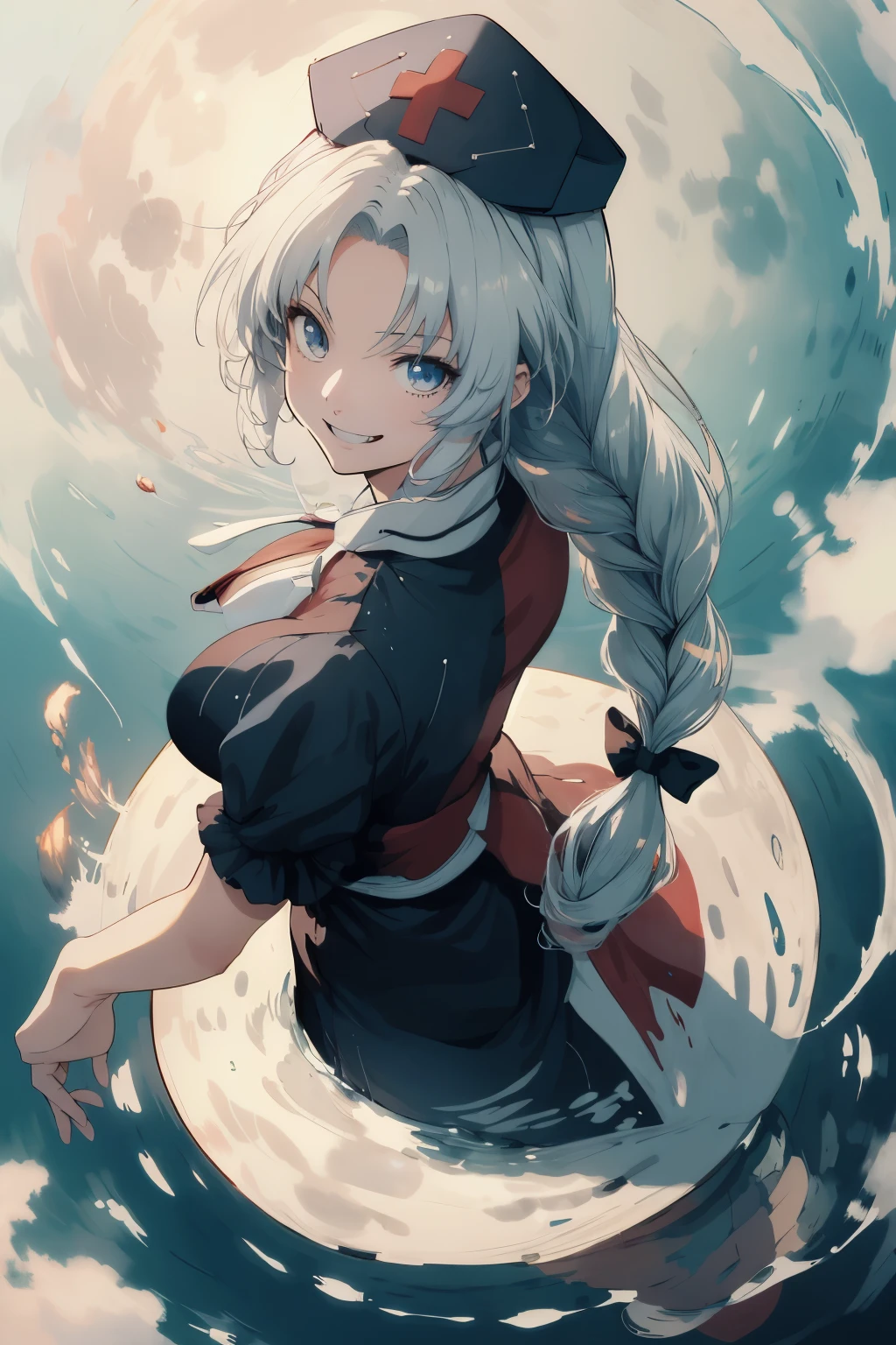masterpiece, best quality, illustration, 1girl, solo, yagokoro eirin, (white long hair), (braid long hair:1.2), (nurse cap:1.2), sharp eyes, (vivid color), light, thick smoke:1.6, (floating white ink:1.8), Cyan flame, (beautiful and clear background:1.25), (depth of field:0.7), Dreamlike, (highres:1.2), (ultra-detailed:1.2), (extremely detailed CG unity 8k wallpaper:1.2), (traditional media), (sketch:1.1), finely detailed beautiful eyes and detailed face, 1big bow, (full moon:1.2), moonlight, Bowfight, dynamic colors, colorful, dynamic pose, dynamic angle, (from above:1.5), (evil smile:1.5), Touhou, 1big bow, holding 1big bow, yagokoro eirin, big breasts, (detailed eyes), cute, beauty, HDR, 4K, nier anime style, harmony, fighting stance, yagokoro eirin