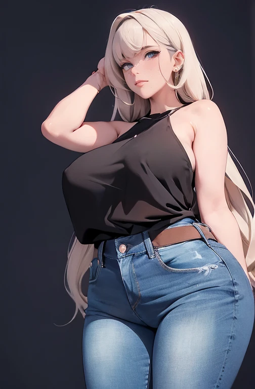 2D Illustration, anime, a painting portrait in fine arts, in manhwa style, {{Bishamon de noragami}}, 30 anos de idade,, mulher,1 garota, loiro, cabelo longo, olhos roxos, inventar, lindo, High definition, Obra de arte, melhor qualidade, alto detalhe, alto detalheed eyes, Grain Filter, detailed lips, high resolution, ultra-detalhado, retrato, mulher caucasiana, realistic proportions, Anatomicamente preciso, bochechas rosadas; alta qualidade, premiado, high resolution, 8K, ((altamente detalhado:1.3), com volumosos cabelos ondulados, With peach loiroe bangs and olhos roxos and voluminous lips, {{cropped preto}, ((jeans curtos)), Anime style illustration, Ganhar