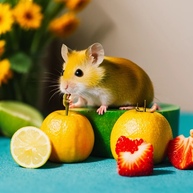 Golden hamster eating fruit。