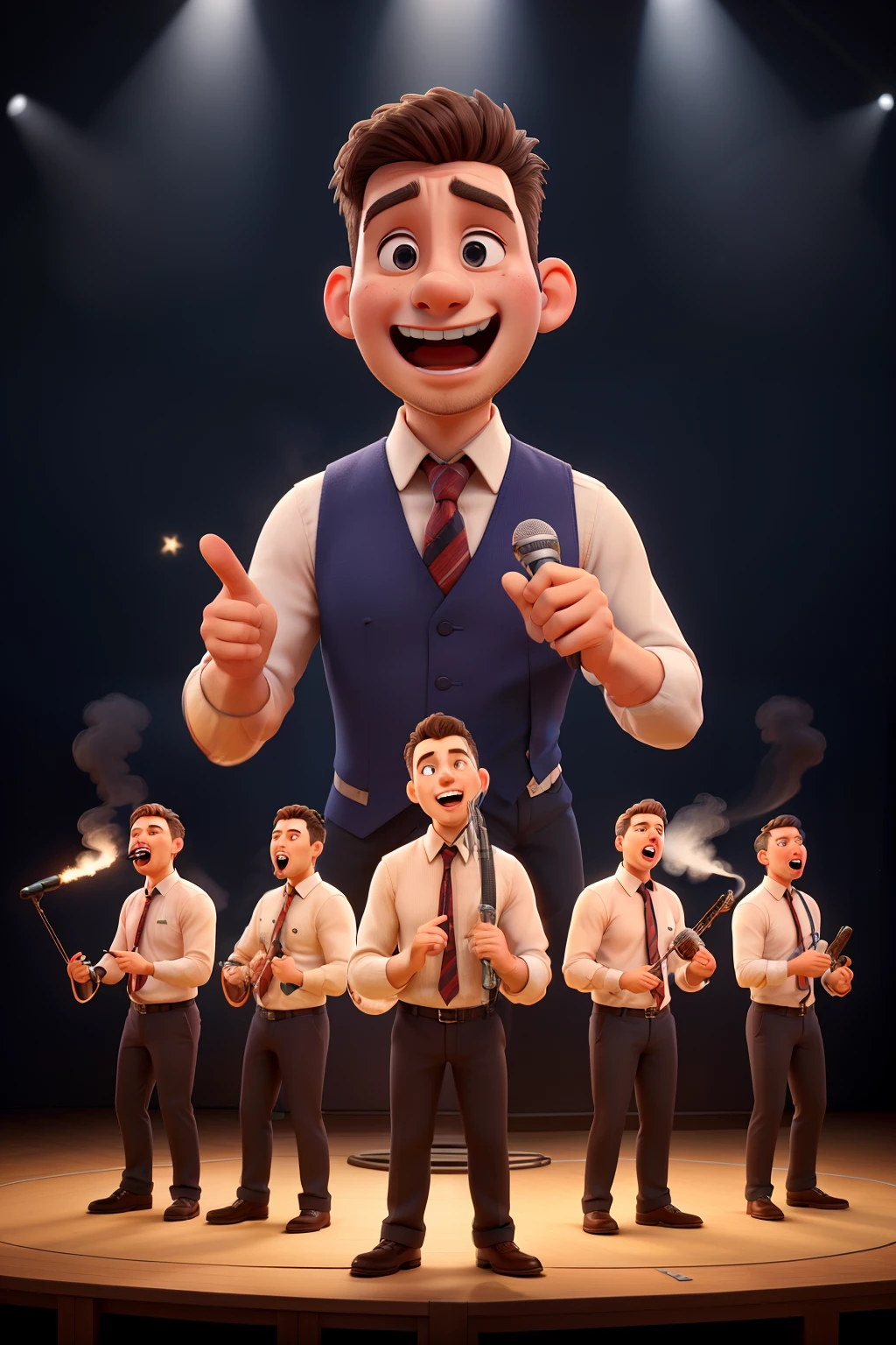 Male quartet of singers wearing toothpicks and ties, singing acapella holding their microphones while singing happily, on a stage, with lights and smoke,