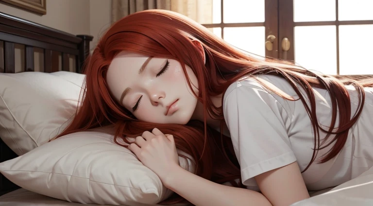 (highest quality: 0.8), (highest quality: 0.8), Perfect anime illustration, very long red hair,, Calm plain clothes、Ultra detailed ultra detailed face、Bright Eyeilky Way、Incredible 4k full HD,At the bed,Sleeping with a cat, Eyes closed