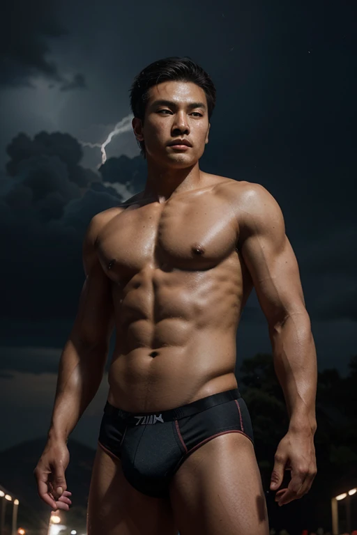 Ancient Chinese Men God, topless, Athlete body, Full Frame, Professional Lighting, dark sky, Thunder, star Background, Seduce, Bikini underwear