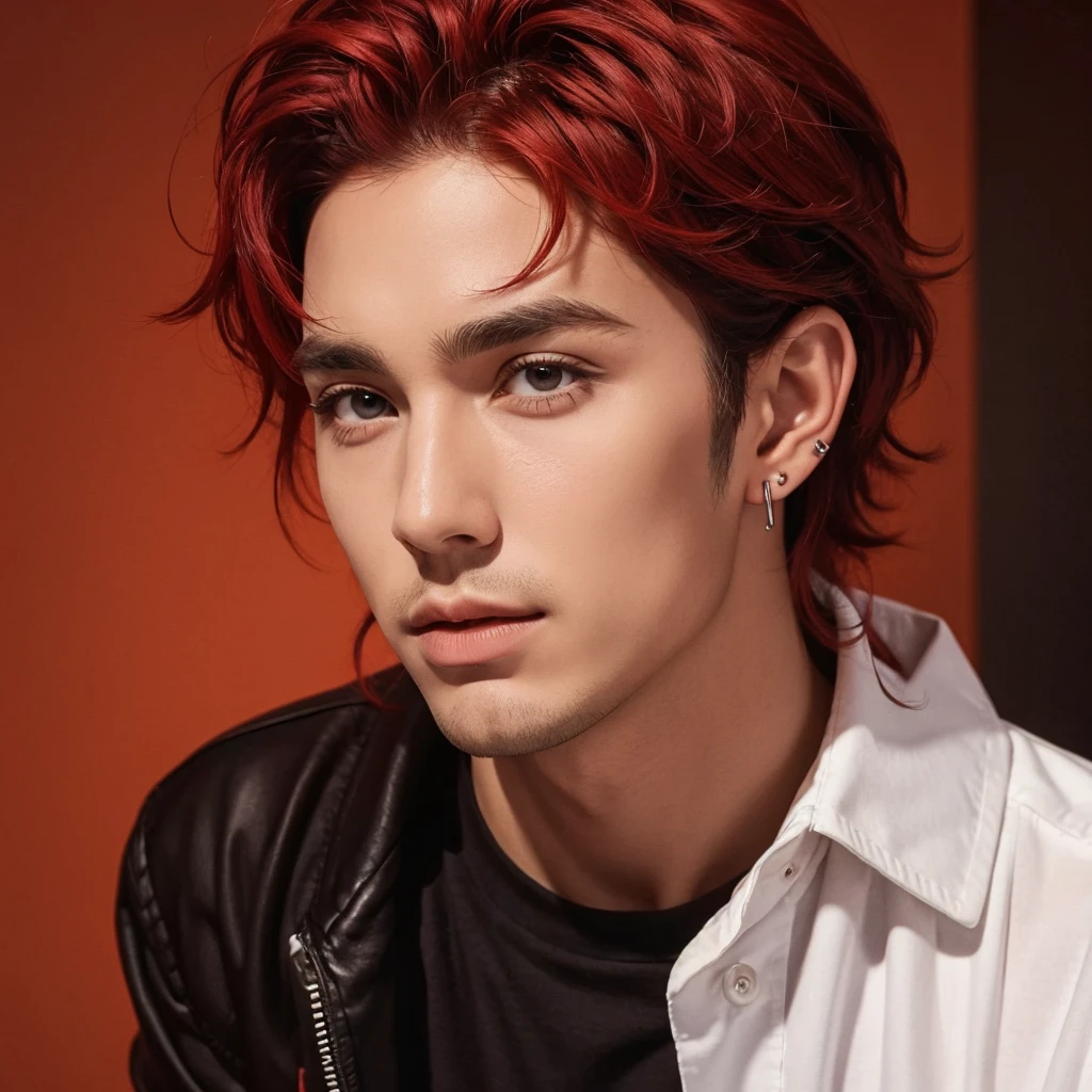 Hombre de cabello rojo , with piercings and an open shirt and at the bottom there is a logo that says Ancel