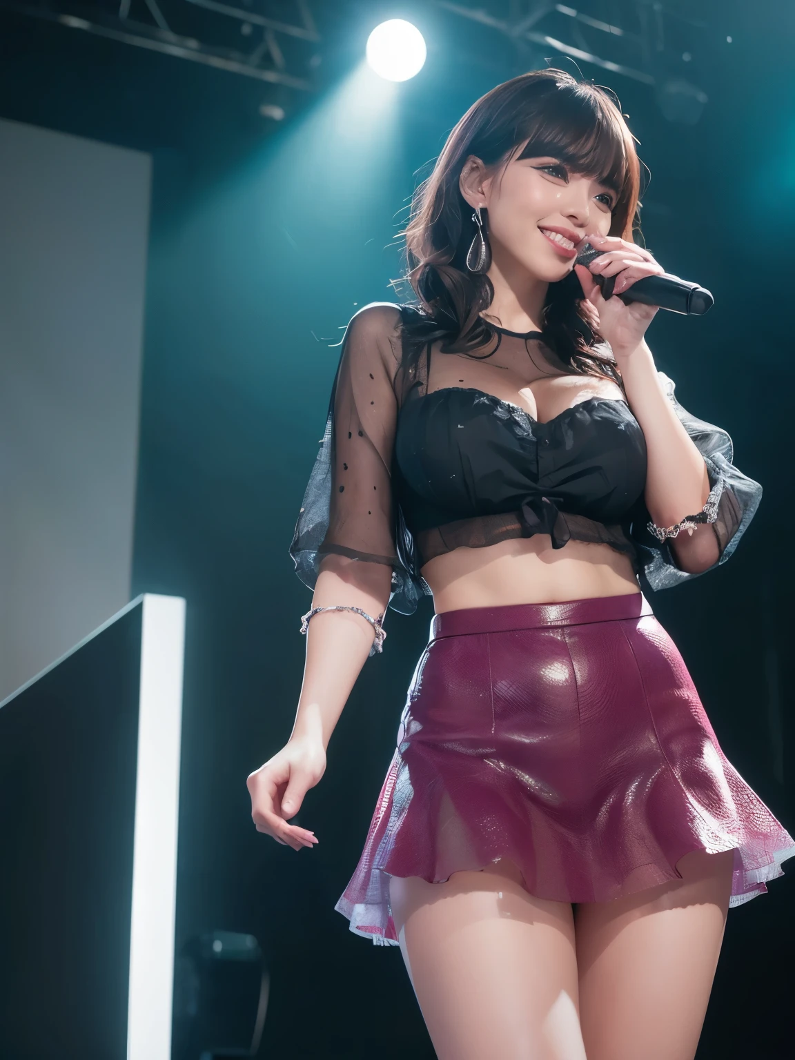 (8k, RAW Photos, highest quality, masterpiece:1.2), Super Resolution, (Realistic, Realistic Photo:1.37), Head to Toe, High-resolution RAW color photos, Professional photos, Very detailed, 8k wallpaper, Amazing details, Very detailed美少女, Very detailed顔, Very detailed目, Very detailed肌, Very detailed指, Very detailed鼻, Very detailed詳細な口 , Very detailed脚, Perfect Anatomy, Very detailed背景, Very detailed衣服, 1 girl, (18:1.2), Age 25, Realistic body, Fair skin, Glowing Skin , Curly Hair, (bangs:1.2), smile, Cute Face, Realistic face, Delicate eyes, Purple Mesh Shirt, Short skirt, Earrings, Looking at the audience, Dynamic Lighting, Very large breasts,