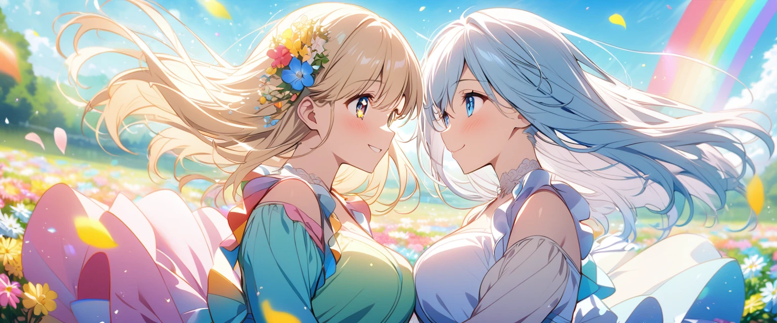 anime、Vibrant colors、Uplifting、Two beauties、Two people facing each other、20 years old、Bright clothes、Bright eyes、Sparkling eyes、Large Breasts、An innocent smile、A flower field、blue sky、rainbow、Petals are dancing、spring