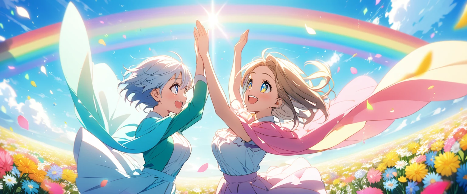 anime、Vibrant colors、Uplifting、Two beauties、Two people facing each other、20 years old、Bright clothes、Bright eyes、Sparkling eyes、Large Breasts、An innocent smile、A flower field、blue sky、rainbow、Petals are dancing、spring