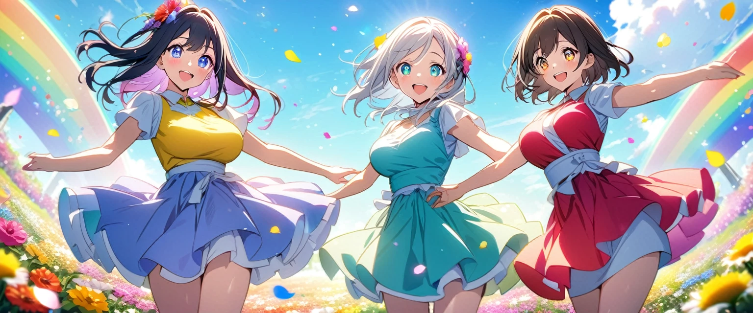 anime、Vibrant colors、Uplifting、3 beautiful girls、Bright clothes、Bright eyes、Sparkling eyes、Large Breasts、An innocent smile、A flower field、blue sky、rainbow、Petals are dancing、spring
