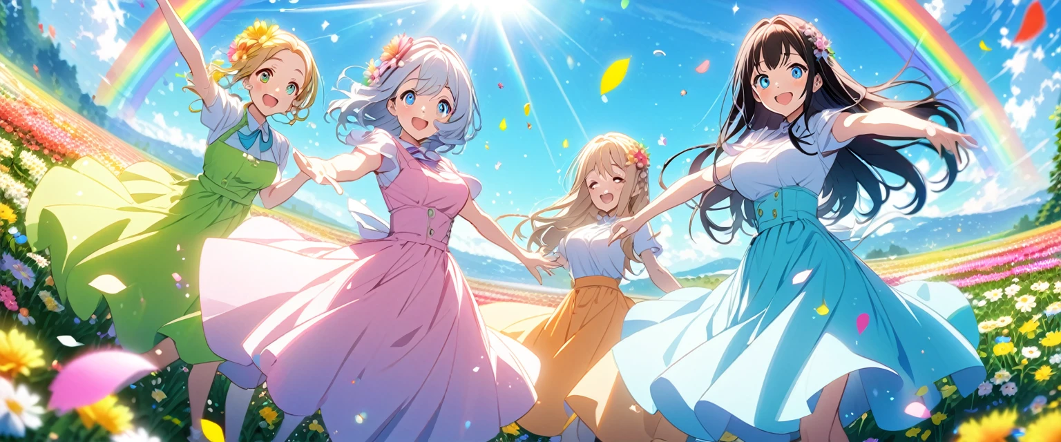 anime、Vibrant colors、Uplifting、3 beautiful girls、Bright clothes、Bright eyes、Sparkling eyes、Large Breasts、An innocent smile、A flower field、blue sky、rainbow、Petals are dancing、spring