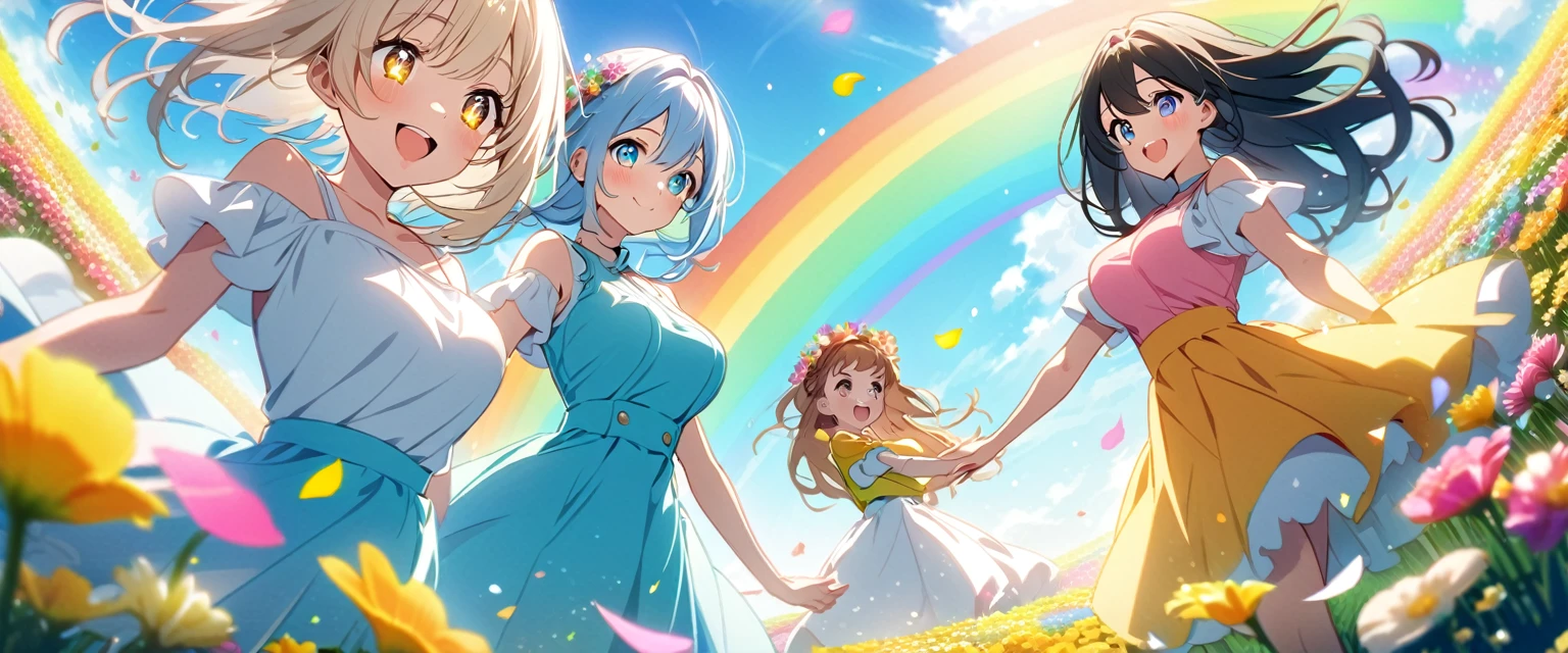 anime、Vibrant colors、Uplifting、3 beautiful girls、Bright clothes、Bright eyes、Sparkling eyes、Large Breasts、An innocent smile、A flower field、blue sky、rainbow、Petals are dancing、spring
