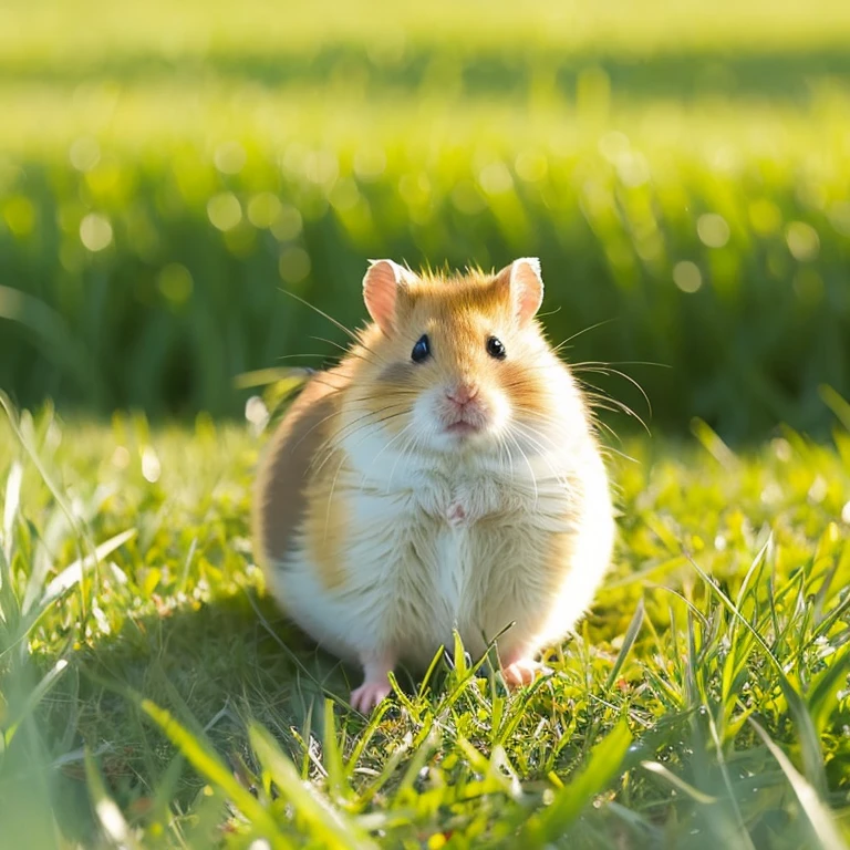 Golden hamster relaxing in the grassland。