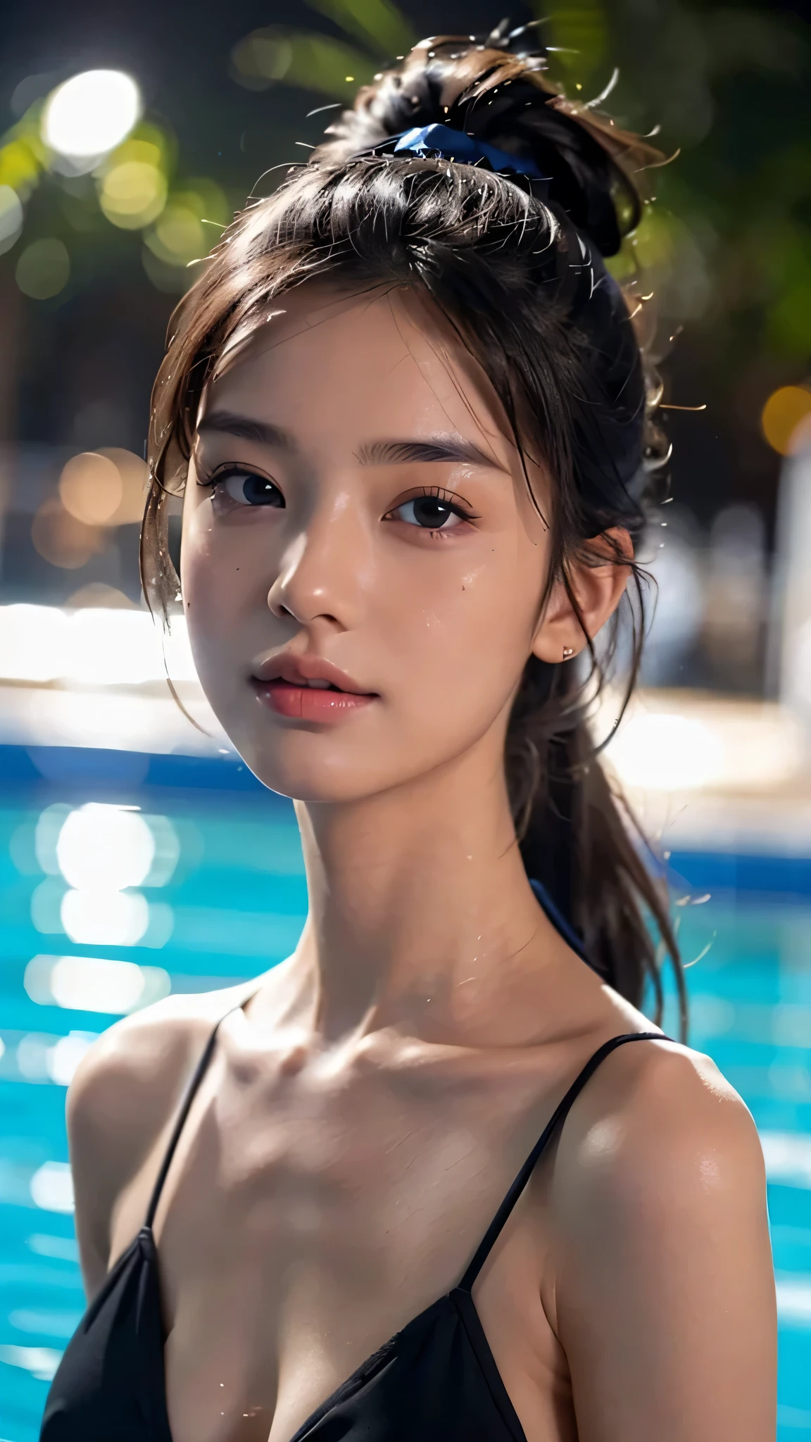 Pool at night,bikini swimwear,One woman,fully body photo,masutepiece, The highest image quality, High quality, the background is clear，Beautiful woman, Japanese, Detailed, Detailed eyes, Detailed skin, Beautiful skin, 超hight resolution, (reality: 1.4),Very beautiful woman, Slightly younger face, Beautiful skin, slender, (Ultra photo realsisim), (hight resolution), (8K), (Very detailed) (beautifully detailed eyes), (super detailed),   (Detailed face), view the viewer, Fine details, Detailed face, Staring straight ahead, Staring straight ahead, photos realistic, Bright lighting, Professional Lighting, Black hair,poneyTail,a baby face,sixteen years old,Hairstyle: ponytail,Long ponytail hairstyle,slight smile,