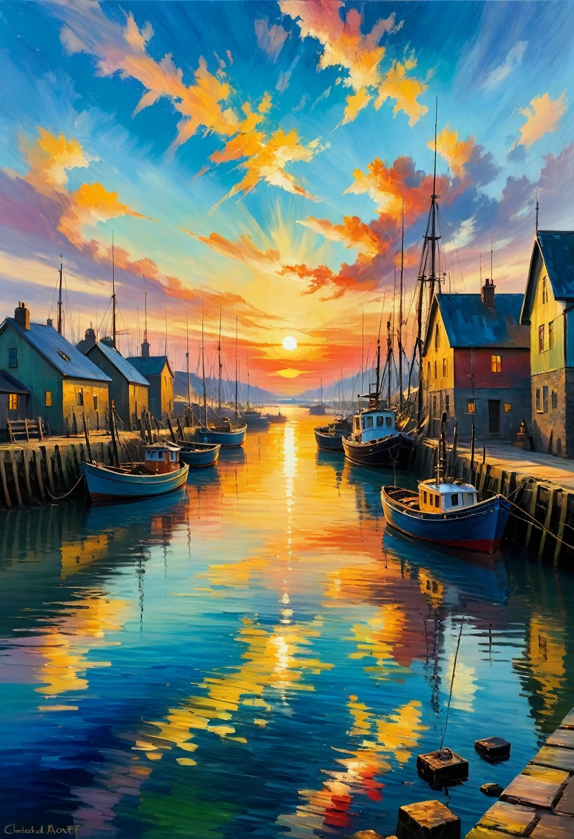 Claude Monet Style, by Claude Monet and William Turner, a colorful sunrise over quiet fishing harbour, golden hour, impressionism, visible brush strokes, neo-impressionism expressionist style oil painting, smooth post-impressionist impasto acrylic painting, thick layers of colourful textured paint