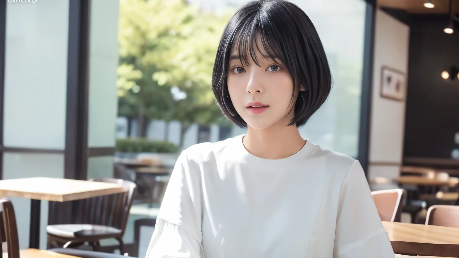 White long sleeve dress、Tabletop、(Inside the cafe、髪の一部はBlack Hairです:1.4)、Inside the cafeで、((highest quality、8k、masterpiece:1.3))、Ultra-high resolution、(photoGenuineistic:1.4)、RAW Photos、30-year-old woman、Japanese,(face)、Genuine、Photographed in natural light、Highly detailed face and skin texture、Highly detailed lips、The correct state of the human body、short hair、Shortcuts、Black Hair、short hair、Mr.々A pose、Natural color lip、Fluffy hair
