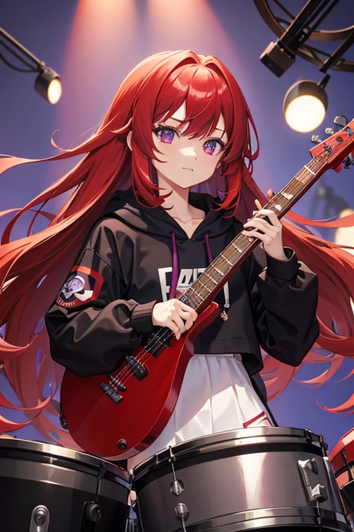 background through, long hair、straight hair、Crimson red hair girl, purple eyes、Super high quality, 8K、Upper body、purple background、Band drummer、black hoodie、purple drum、big tits, Crimson red-haired girl、black hoodie、playing drum, drum stick, playing drum,