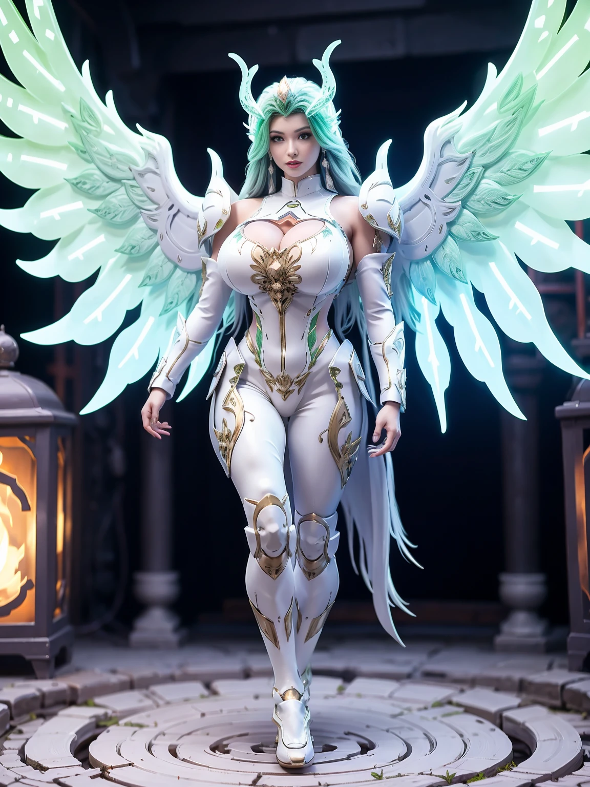 (PHOENIX HEAD), HUGE FAKE , (BEAUTIFUL FACE), (LIGHT GREEN, WHITE, PURPLE), (((A PAIR OF HUGE MECHANICAL WINGS SPREAD OUT))), FUTURISTIC PHOENIX MECHA SUIT, (CLEAVAGE), (SKINTIGHT YOGA PANTS), (HIGH HEELS), (PERFECT BODY:1.2), (FULL BODY VIEW), FRONT, (WALKING DOWN:1), SEXY BODY, MUSCLE ABS, UHD, 8K, 1080P.