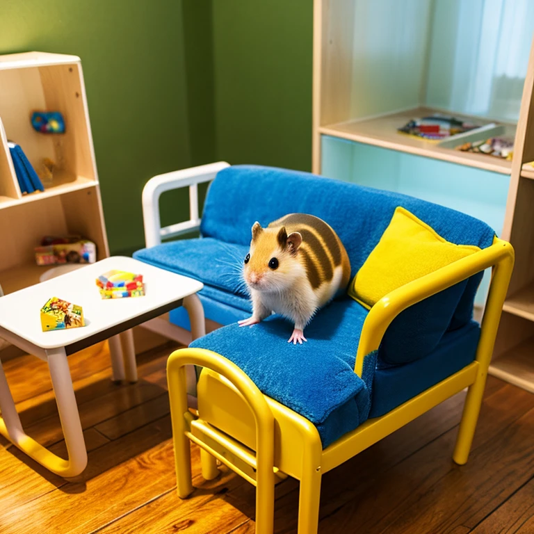 Golden hamster playing with miniature furniture。