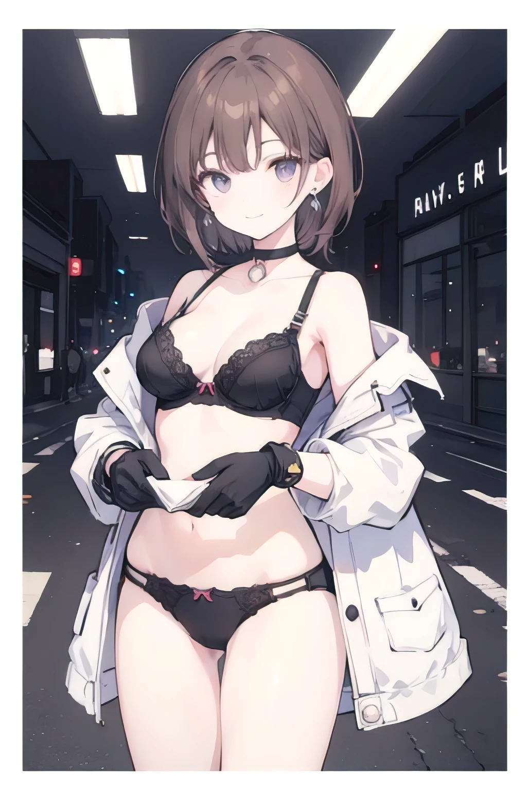 1girl, anime_coloring, black_eyes, black_gloves, brown_hair, choker, earrings, gloves, jewelry, letterboxed, parody, short_hair, smile, solo, style_parody,  photography of a 20yo woman, perfect face, masterpiece, bra, underwear, black_bra, jacket, black_panties