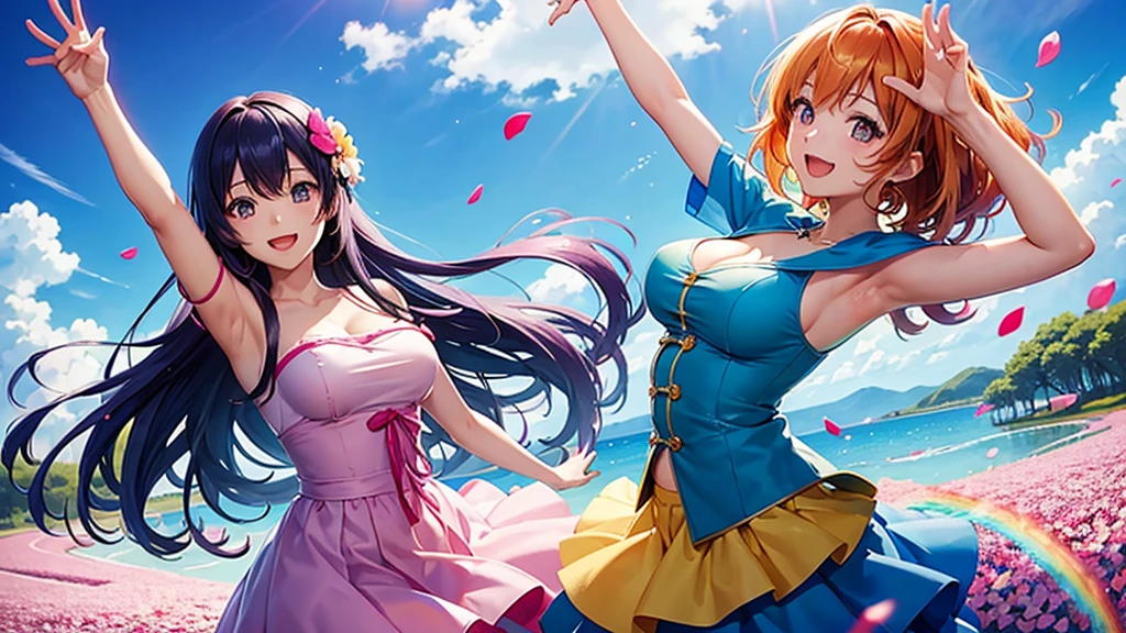 anime、Vibrant colors、Uplifting、Two beauties、Two people facing each other、20 years old、Bright clothes、Bright eyes、Sparkling eyes、Large Breasts、An innocent smile、A flower field、blue sky、rainbow、Petals are dancing、spring