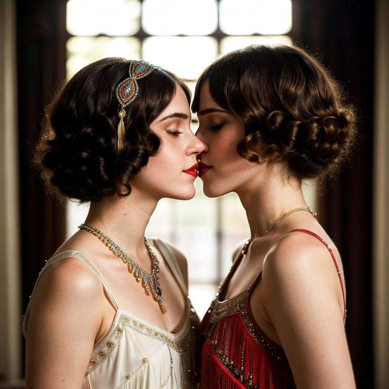 (best quality, 8k, high-res, masterpiece:1.2),ultra-detailed,(photo-realistic:1.37), ((best quality)), ((masterpiece)), (detailed), ((perfect face)), ((pretty 20-year-old Emma Watson with a subtle smile)), ((2 flapper girls from the 1920s kissing each other with closed eyes)), ((1920s shin-length extravagant colourful tasselled flapper dress)), ((1920s style head dress)), ((standing in an artists studio with natural sunlight)), ((white stockings)), ((1920s ultra-short tight-bobbed hair style curling in towards her cheeks)), ((1920s makeup)), ((dark makeup around her eyes)), ((dark red lipstick)), ((close kiss)),