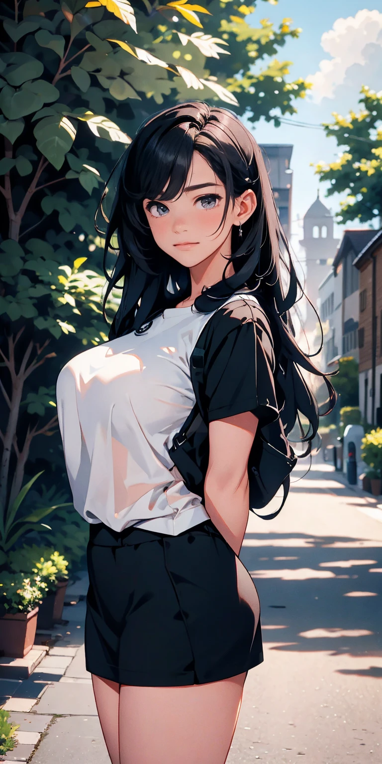 best quality, high resolution, ultra-detailed, realistic, vibrant colors, portraits, girl in a garden, short black hair, beautiful detailed eyes, smile, blushing