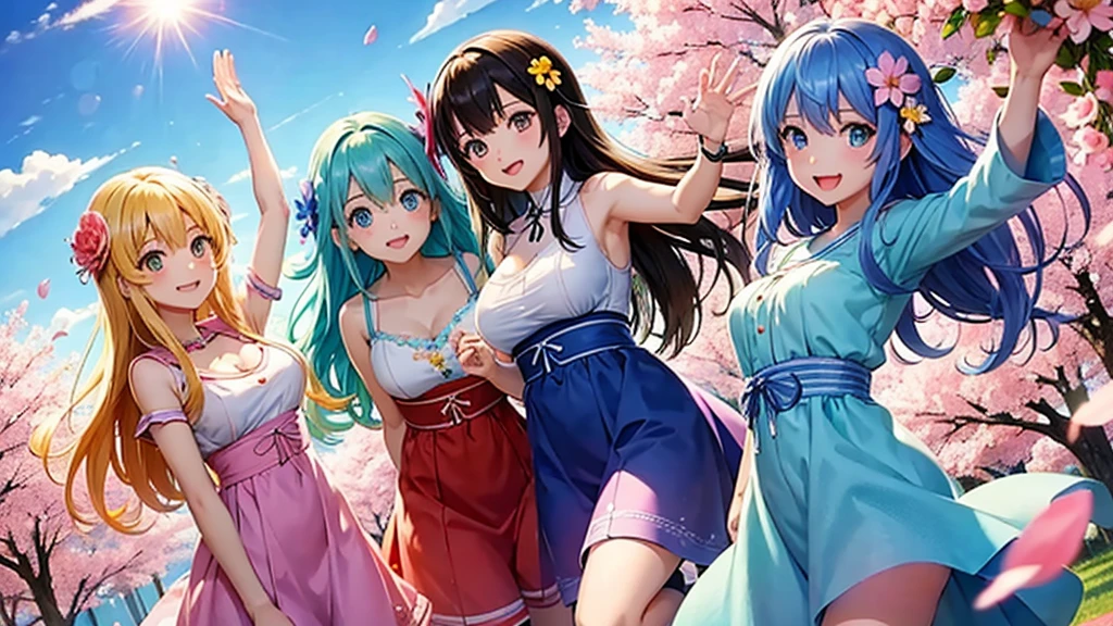 anime、Vibrant colors、Uplifting、3 beautiful girls、Bright clothes、Bright eyes、Sparkling eyes、Large Breasts、An innocent smile、A flower field、blue sky、rainbow、Petals are dancing、spring