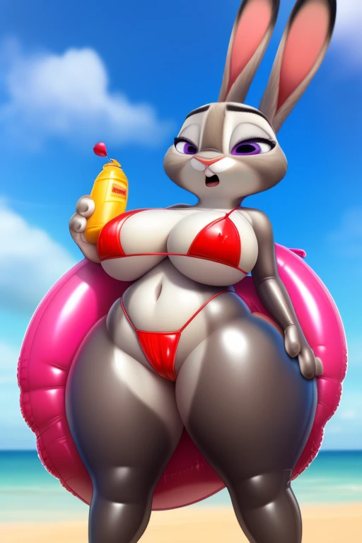 (one balloon humanoid inflatable anthropomorphic female rabbit inflatable made out of inflatable shiny plastic), (in style of zootopia), Lifeguard red bikini, "POP ME" written on the bikini, full view, floats in the air. big buttocks, huge breasts, air canister in ass, moan face