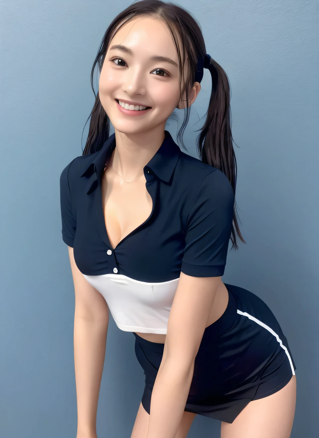 ((Ultra-high resolution)),8K,13age、Leaning forward to reveal cleavage、Small breasts, , Twin tails, Black mini skirt, Navy blue polo shirt、Small cleavage 2:1,Idol Sculpture, Wet, smile、Pink wall、sexy、slender、Shapely small breasts、I can see your thighs、