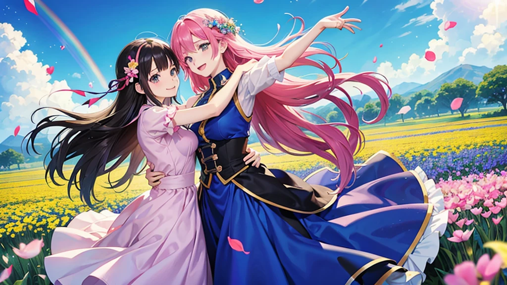 anime、Vibrant colors、Uplifting、Two beauties、Two people facing each other、20 years old、Bright clothes、Bright eyes、Sparkling eyes、Large Breasts、An innocent smile、A flower field、blue sky、rainbow、Petals are dancing、spring